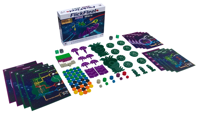 The FlickFleet Xeno Wars box and its contents